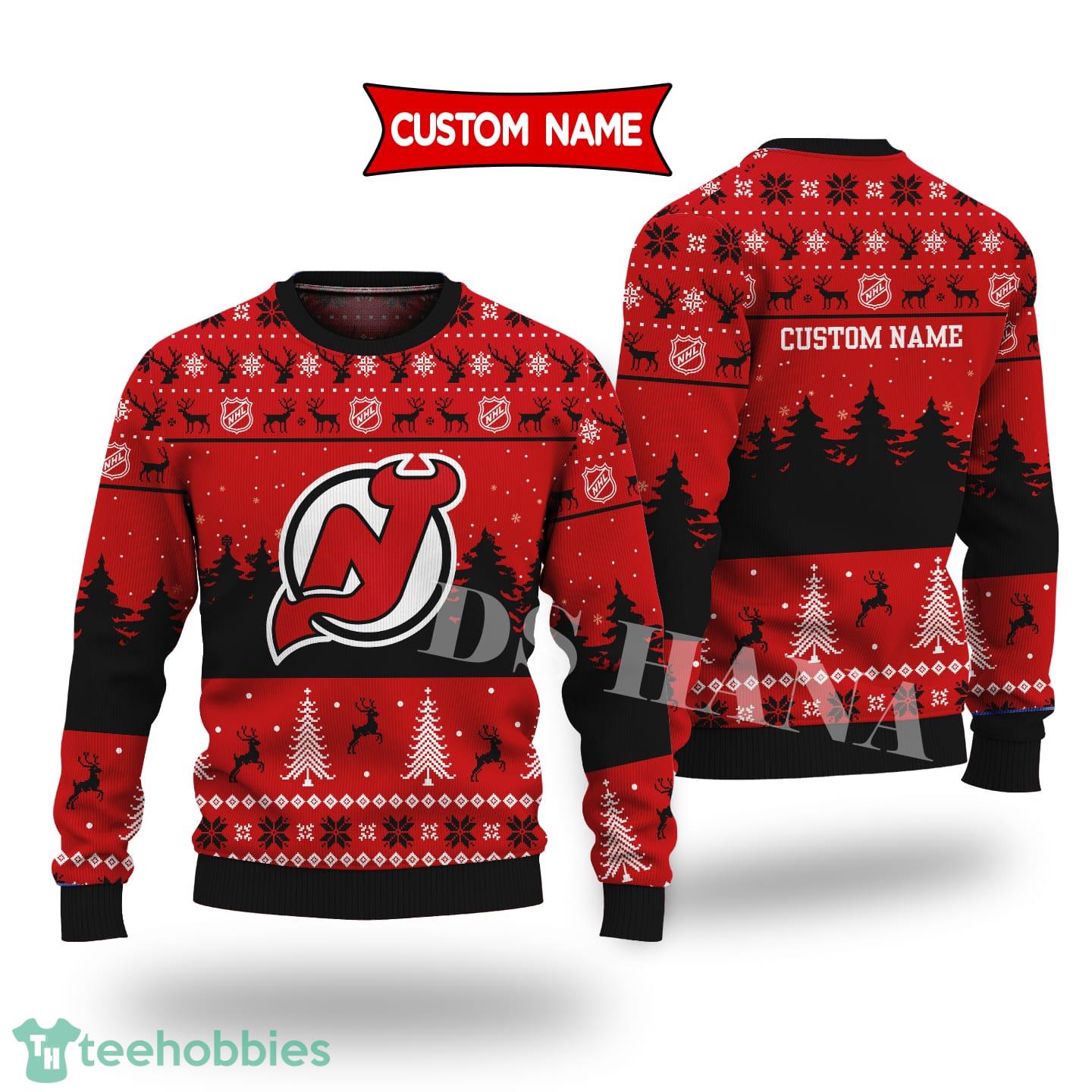 New Jersey Devils Custom Name Merry Xmas Sweater For New Jersey Devils Fans Sweater image New Jersey Devils Custom Name Merry Xmas Sweater For New Jersey Devils Fans Sweater Product Photo 1