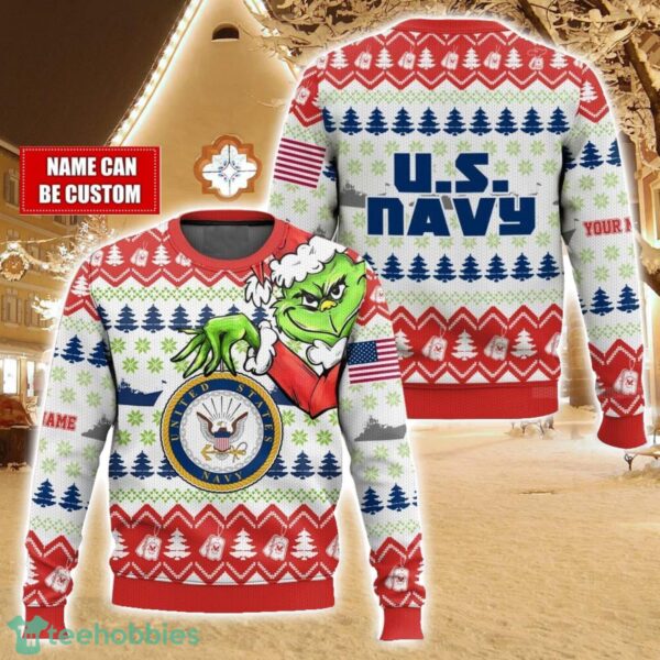 Custom Name Face Grinch x US Navy Ugly Christmas Sweater Christmas Gift For Family Holiday Gift Product Photo 1