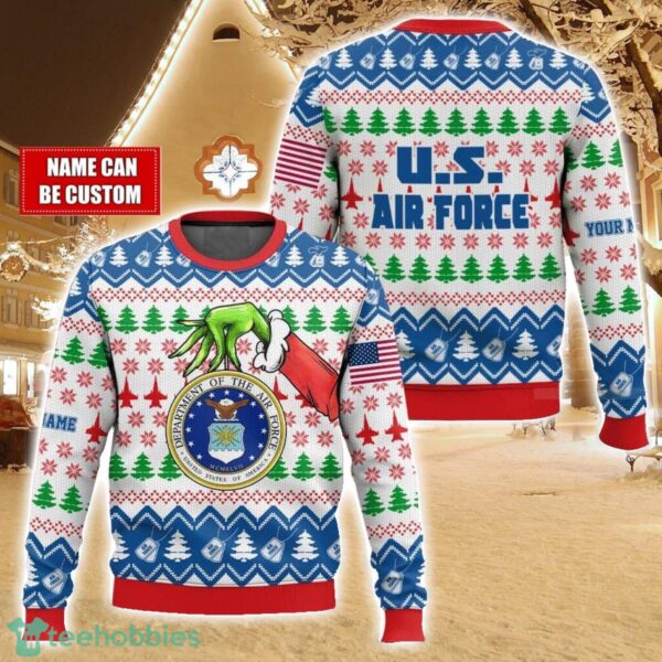 Custom Name Hand Grinch x US Air Force Ugly Christmas Sweater Christmas Gift For Family Holiday Gift Product Photo 1