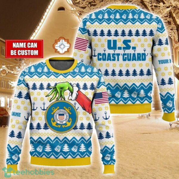 Custom Name Hand Grinch x US Coast Guard Ugly Christmas Sweater Christmas Gift For Family Holiday Gift Product Photo 1