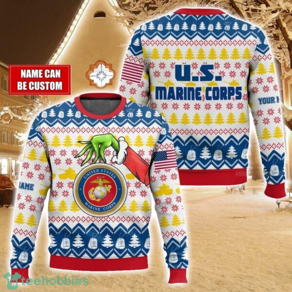Custom Name Hand Grinch x US Marines Ugly Christmas Sweater Christmas Gift For Family Holiday Gift Product Photo 1