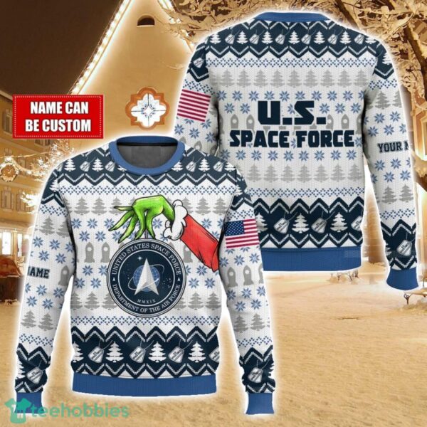 Custom Name Hand Grinch x US Space Force Ugly Christmas Sweater Christmas Gift For Family Holiday Gift Product Photo 1