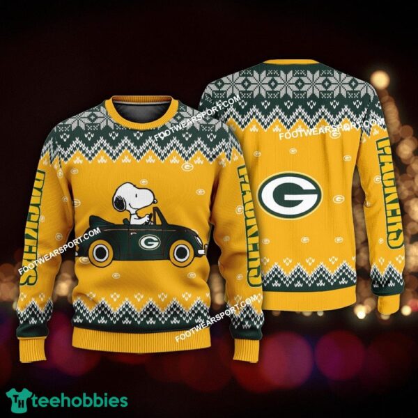 Funny Snoopy Driving Car Green Bay Packers Christmas Sweater AOP For Men Women - Funny Snoopy Driving Car Green Bay Packers Christmas Sweater AOP For Men Women