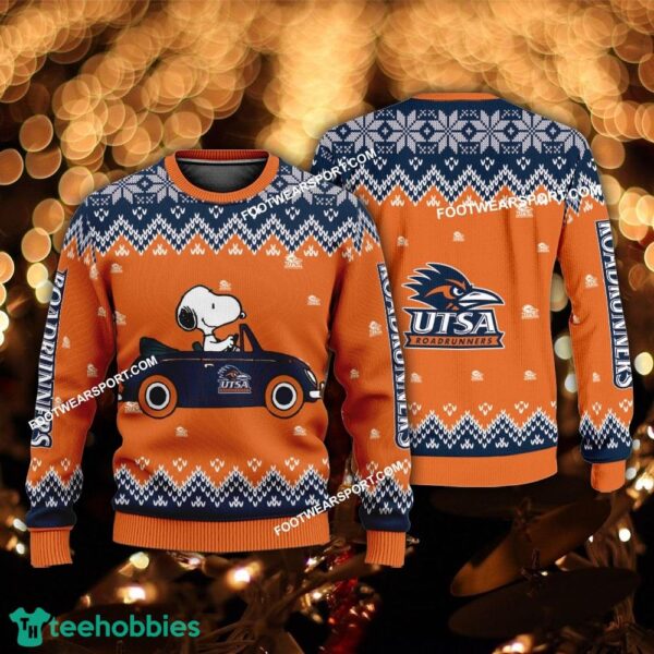 Funny Snoopy Driving Car UTSA Roadrunners Christmas Sweater For Men Women - Funny Snoopy Driving Car UTSA Roadrunners Christmas Sweater For Men Women