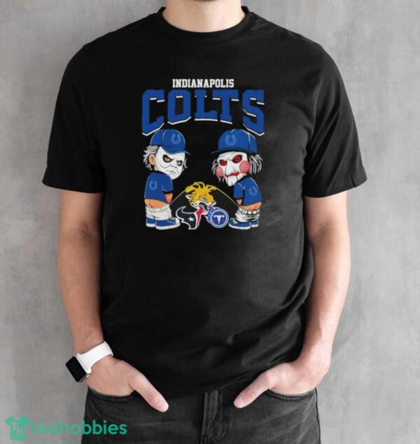Michael Myers And Billy The Puppet X Indianapolis Colts Pee On NFL Teams Halloween Shirt - Black Unisex T-Shirt