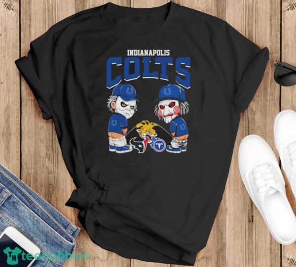 Michael Myers And Billy The Puppet X Indianapolis Colts Pee On NFL Teams Halloween Shirt - Black T-Shirt