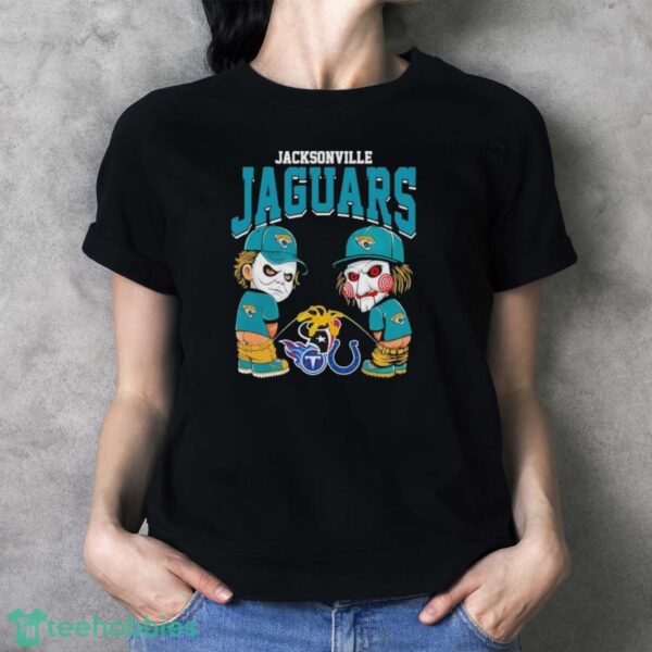 Michael Myers And Billy The Puppet X Jacksonville Jaguars Pee On NFL Teams Halloween Shirt - Ladies T-Shirt