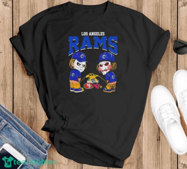 Michael Myers And Billy The Puppet X Los Angeles Rams Pee On NFL Teams Halloween Shirt - Black T-Shirt