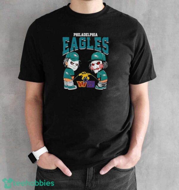 Michael Myers And Billy The Puppet X Philadelphia Eagles Pee On NFL Teams Halloween Shirt - Black Unisex T-Shirt
