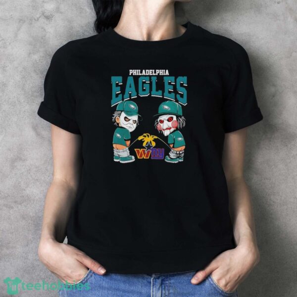 Michael Myers And Billy The Puppet X Philadelphia Eagles Pee On NFL Teams Halloween Shirt - Ladies T-Shirt