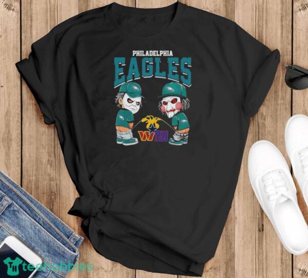 Michael Myers And Billy The Puppet X Philadelphia Eagles Pee On NFL Teams Halloween Shirt - Black T-Shirt