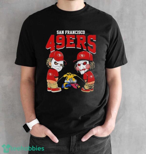 Michael Myers And Billy The Puppet X San Francisco 49ers Pee On NFL Teams Halloween Shirt - Black Unisex T-Shirt