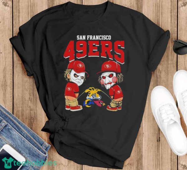 Michael Myers And Billy The Puppet X San Francisco 49ers Pee On NFL Teams Halloween Shirt - Black T-Shirt