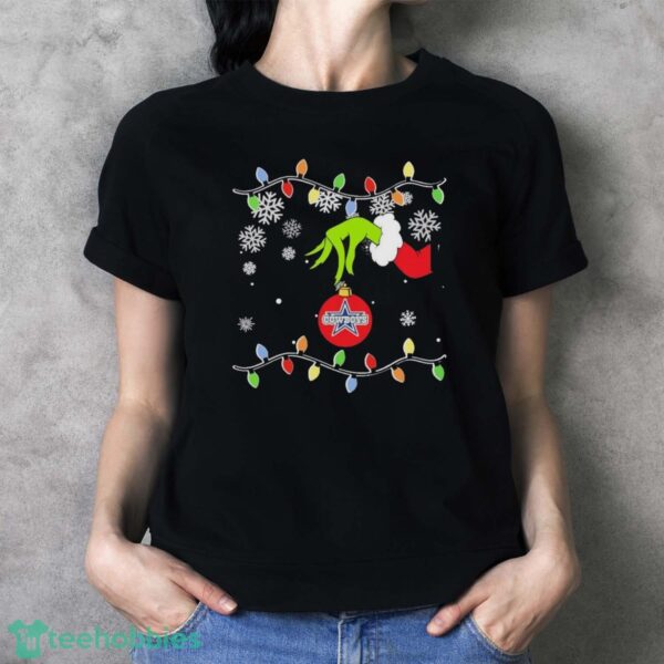 Official Grinch Hand Holding Ornament Dallas Cowboys Christmas Light Shirt - Ladies T-Shirt