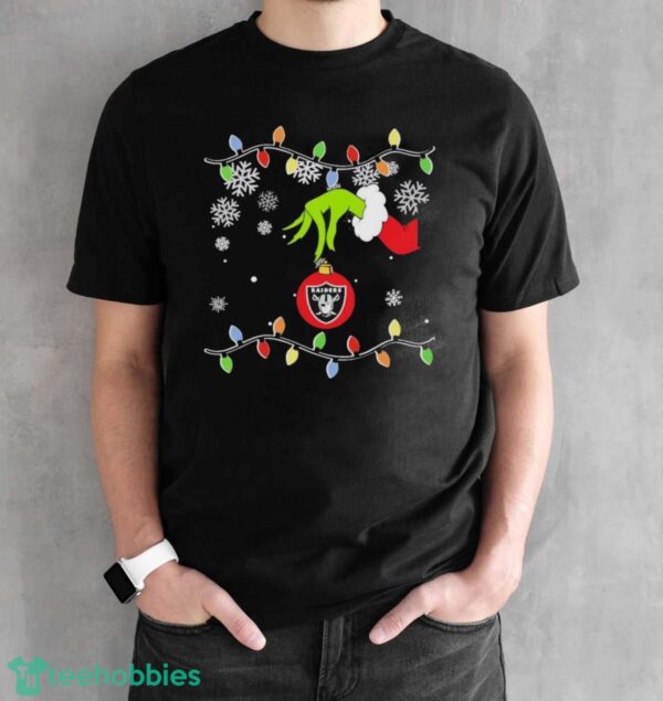 Official Grinch Hand Holding Ornament Las Vegas Raiders Christmas Light Shirt - Black Unisex T-Shirt