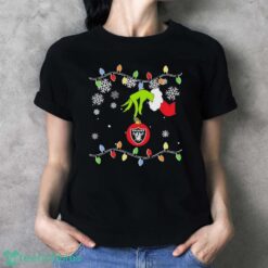 Official Grinch Hand Holding Ornament Las Vegas Raiders Christmas Light Shirt - Ladies T-Shirt