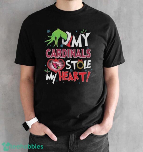 Official Grinch Hand My Arizona Cardinals Stole My Heart Football 2024 Shirt - Black Unisex T-Shirt