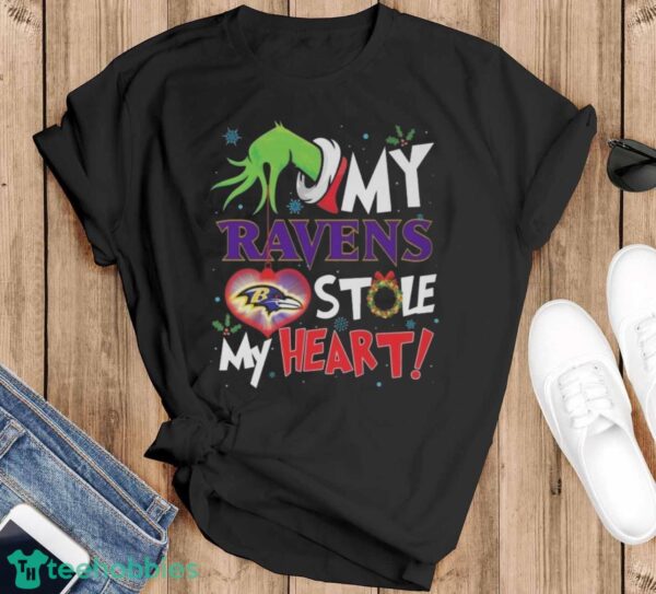 Official Grinch Hand My Baltimore Ravens Stole My Heart Football 2024 Shirt - Black T-Shirt