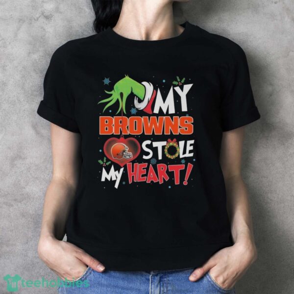 Official Grinch Hand My Cleveland Browns Stole My Heart Football 2024 Shirt - Ladies T-Shirt