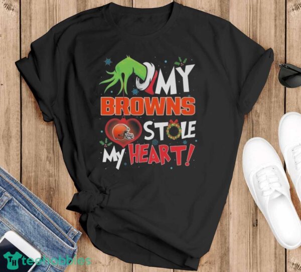 Official Grinch Hand My Cleveland Browns Stole My Heart Football 2024 Shirt - Black T-Shirt
