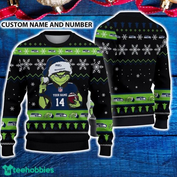 Seattle Seahawks 3D Ugly Christmas Sweater Grinch Funny Custom Number And Name - Seattle Seahawks 3D Ugly Christmas Sweater Grinch Funny Custom Number And Name