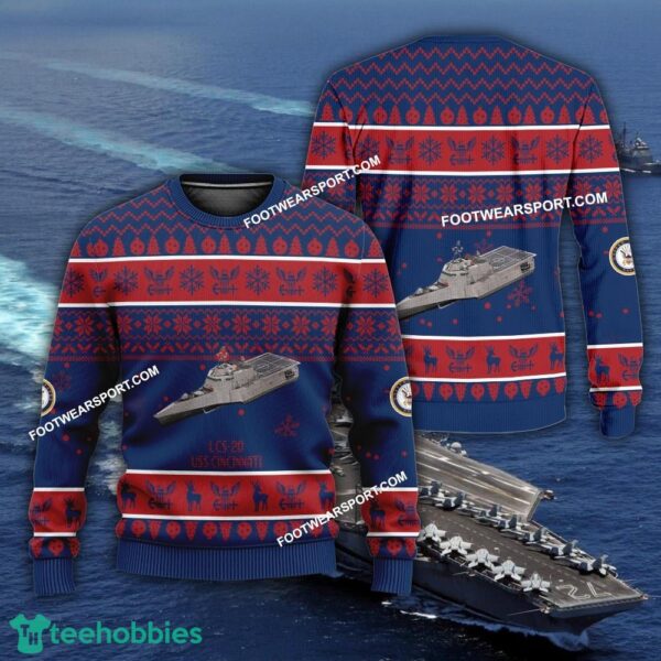 US Navy USS Cincinnati LCS-20 Ugly Christmas Sweater AOP Gift Veteran - US Navy USS Cincinnati LCS-20 Ugly Christmas Sweater AOP Gift Veteran