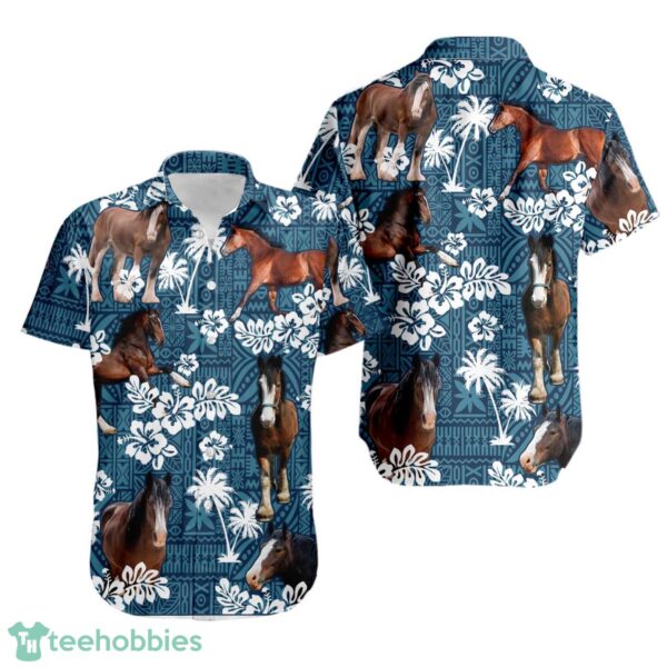 CLYDESDALE HORSE Blue Tribal Hawaiian Shirt Product Photo 1