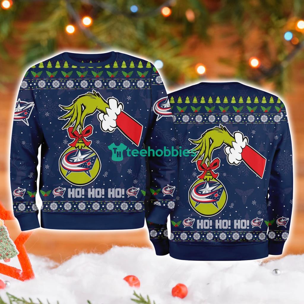 Columbus Blue Jackets Grinch Hand Ugly Christmas Sweater 3D image Columbus Blue Jackets Grinch Hand Ugly Christmas Sweater 3D Product Photo 1