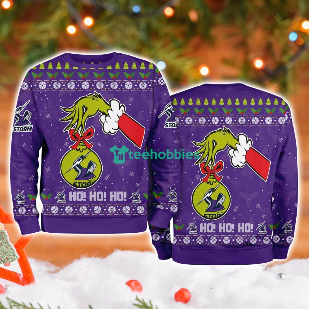 Melbourne Storm Nrl Grinch Hand Ugly Christmas Sweater 3D image Melbourne Storm Nrl Grinch Hand Ugly Christmas Sweater 3D Product Photo 1