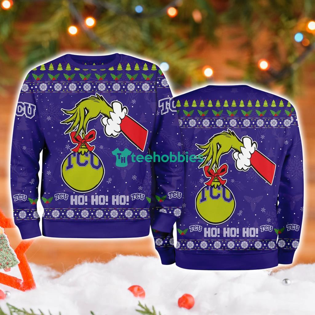 Tcu Horned Frogs Ncaa Grinch Hand Ugly Christmas Sweater 3D image Tcu Horned Frogs Ncaa Grinch Hand Ugly Christmas Sweater 3D Product Photo 1
