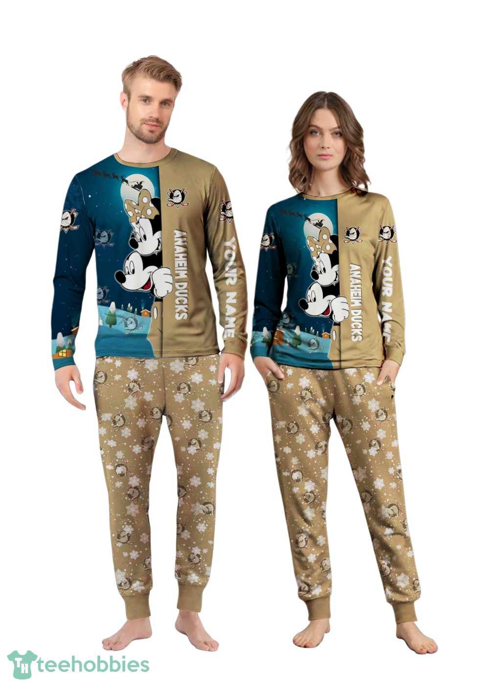 Custom Name Anaheim Ducks Cartoon Mouse Couple Christmas Matching Pajamas Set image Custom Name Anaheim Ducks Cartoon Mouse Couple Christmas Matching Pajamas Set Product Photo 1