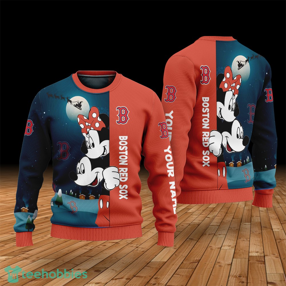 Custom Name Boston Red Sox Cartoon Mouse Couple Christmas 3D Sweater image Custom Name Boston Red Sox Cartoon Mouse Couple Christmas 3D Sweater Product Photo 1