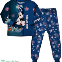 Custom Name Chicago Cubs Cartoon Mouse Couple Christmas Matching Pajamas Set image Custom Name Chicago Cubs Cartoon Mouse Couple Christmas Matching Pajamas Set Product Photo 2