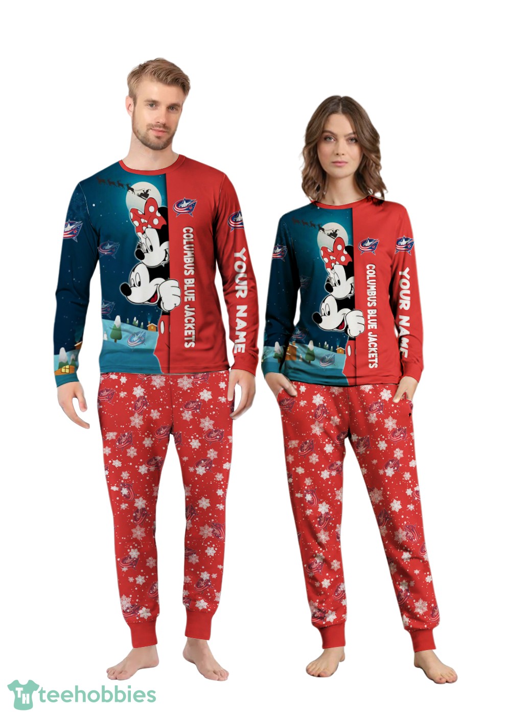 Custom Name Columbus Blue Jackets Cartoon Mouse Couple Christmas Matching Pajamas Set image Custom Name Columbus Blue Jackets Cartoon Mouse Couple Christmas Matching Pajamas Set Product Photo 2