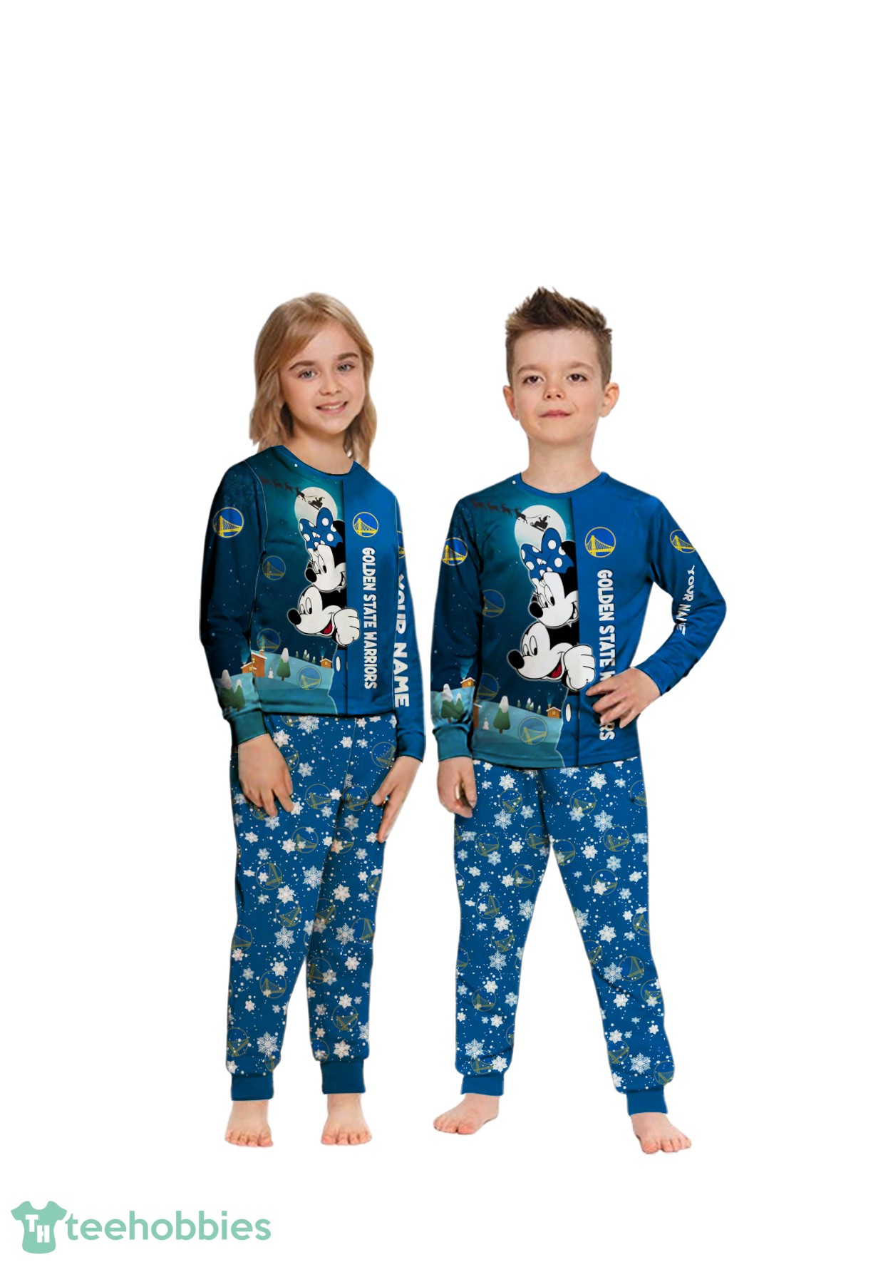 Custom Name Golden State Warriors Cartoon Mouse Couple Christmas Matching Pajamas Set image Custom Name Golden State Warriors Cartoon Mouse Couple Christmas Matching Pajamas Set Product Photo 1