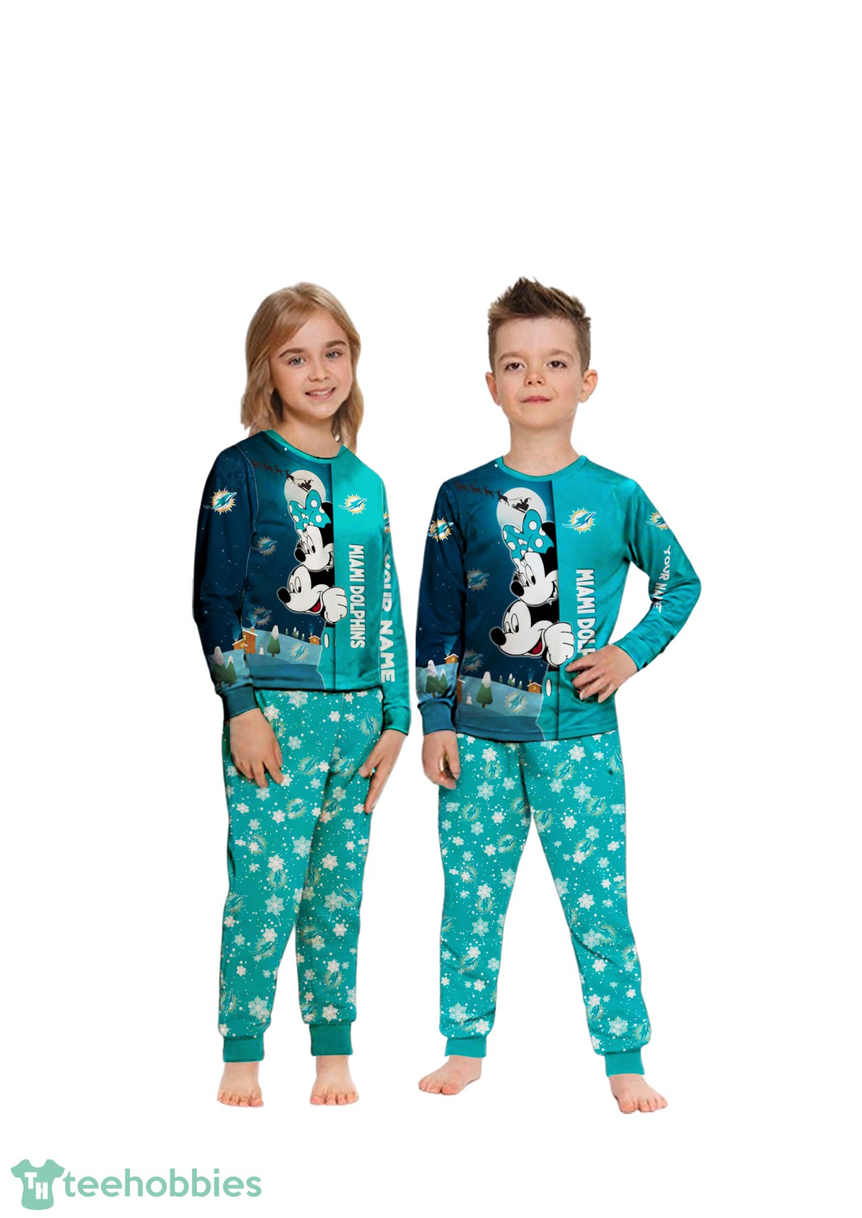 Custom Name Miami Dolphins Cartoon Mouse Couple Christmas Matching Pajamas Set image Custom Name Miami Dolphins Cartoon Mouse Couple Christmas Matching Pajamas Set Product Photo 1