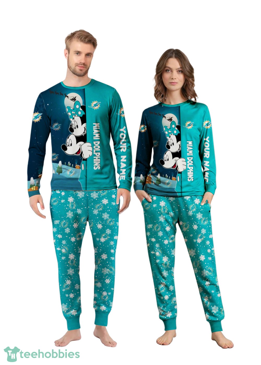 Custom Name Miami Dolphins Cartoon Mouse Couple Christmas Matching Pajamas Set image Custom Name Miami Dolphins Cartoon Mouse Couple Christmas Matching Pajamas Set Product Photo 4