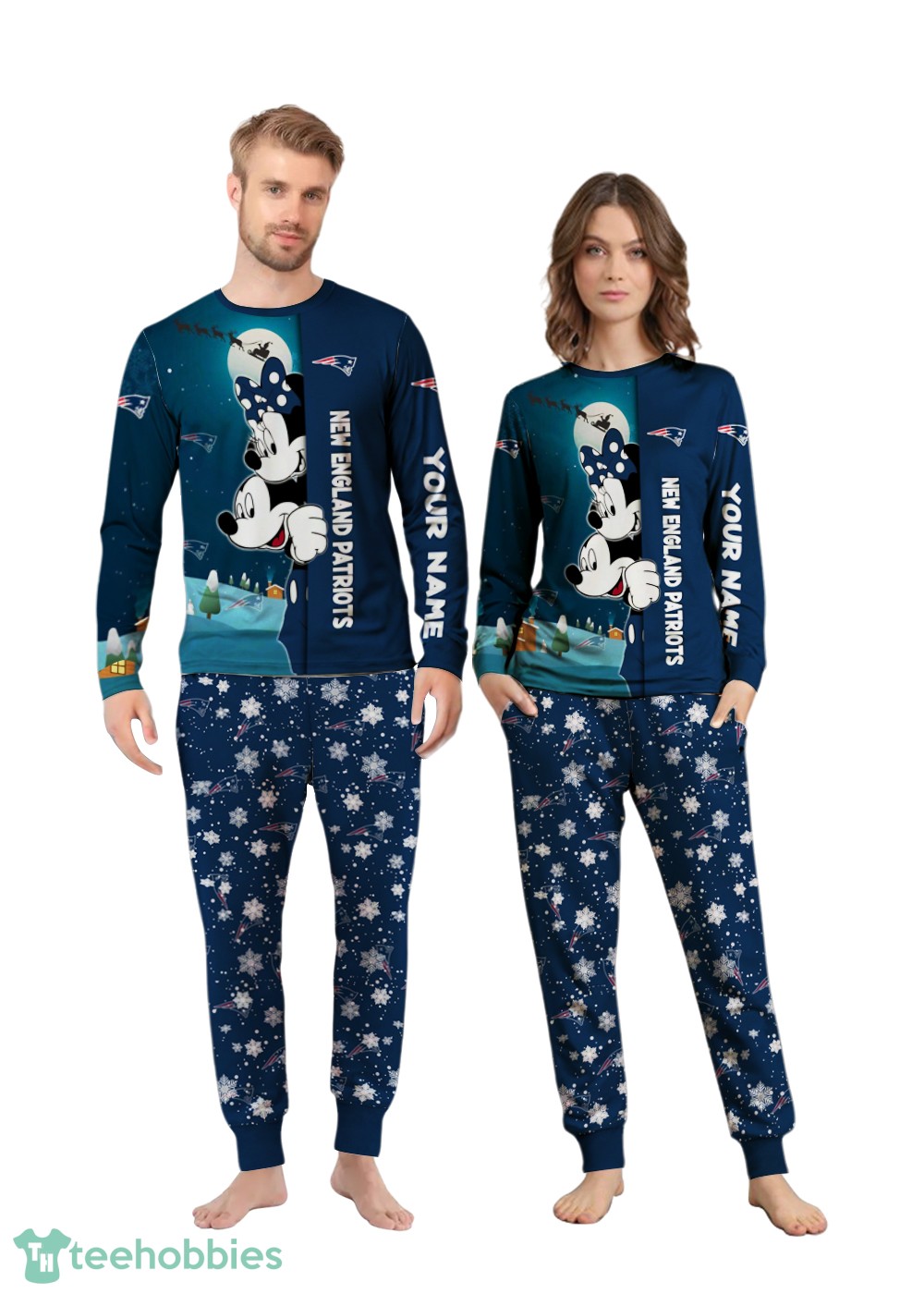 Custom Name New England Patriots Cartoon Mouse Couple Christmas Matching Pajamas Set image Custom Name New England Patriots Cartoon Mouse Couple Christmas Matching Pajamas Set Product Photo 3