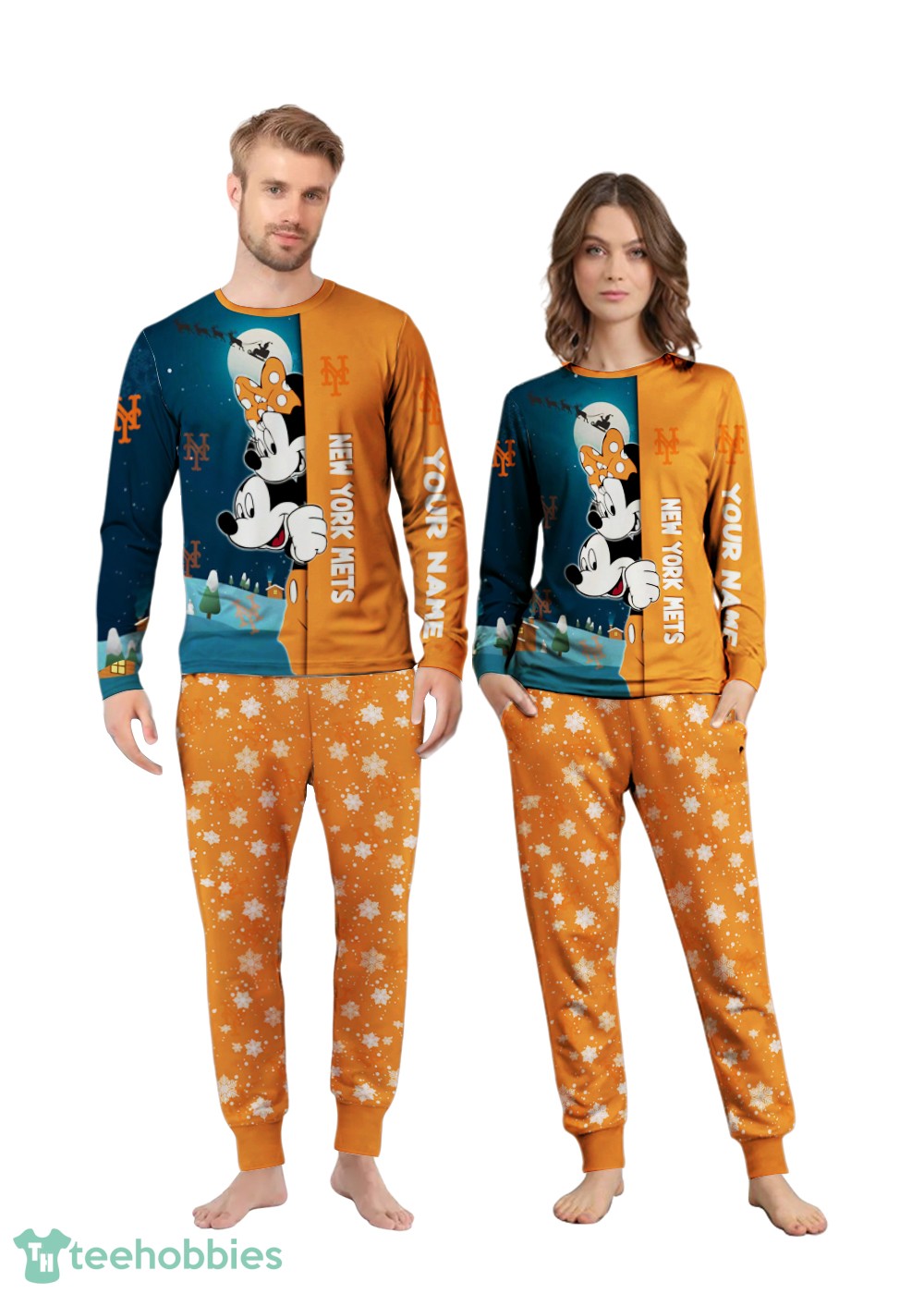 Custom Name New York Mets Cartoon Mouse Couple Christmas Matching Pajamas Set Custom Name New York Mets Cartoon Mouse Couple Christmas Matching Pajamas Set Product Photo 4