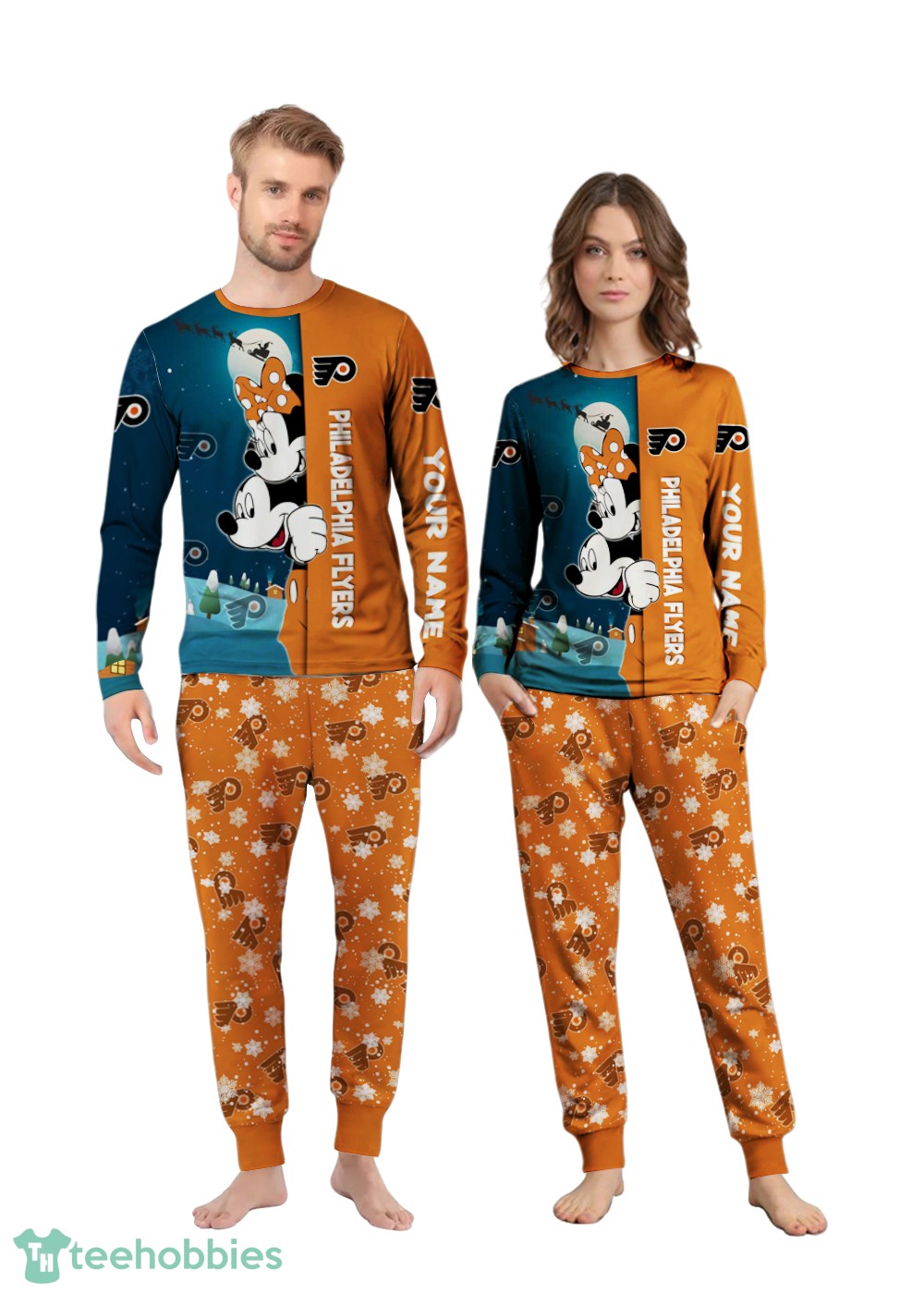 Custom Name Philadelphia Flyers Cartoon Mouse Couple Christmas Matching Pajamas Set image Custom Name Philadelphia Flyers Cartoon Mouse Couple Christmas Matching Pajamas Set Product Photo 3