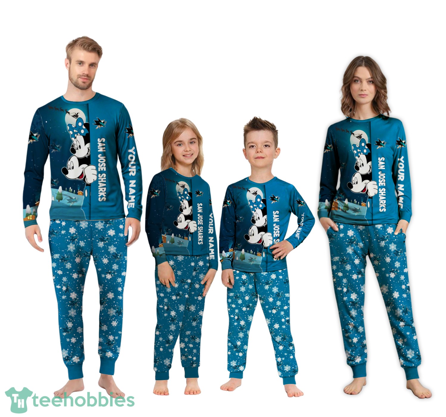 Custom Name San Jose Sharks Cartoon Mouse Couple Christmas Matching Pajamas Set image Custom Name San Jose Sharks Cartoon Mouse Couple Christmas Matching Pajamas Set Product Photo 1