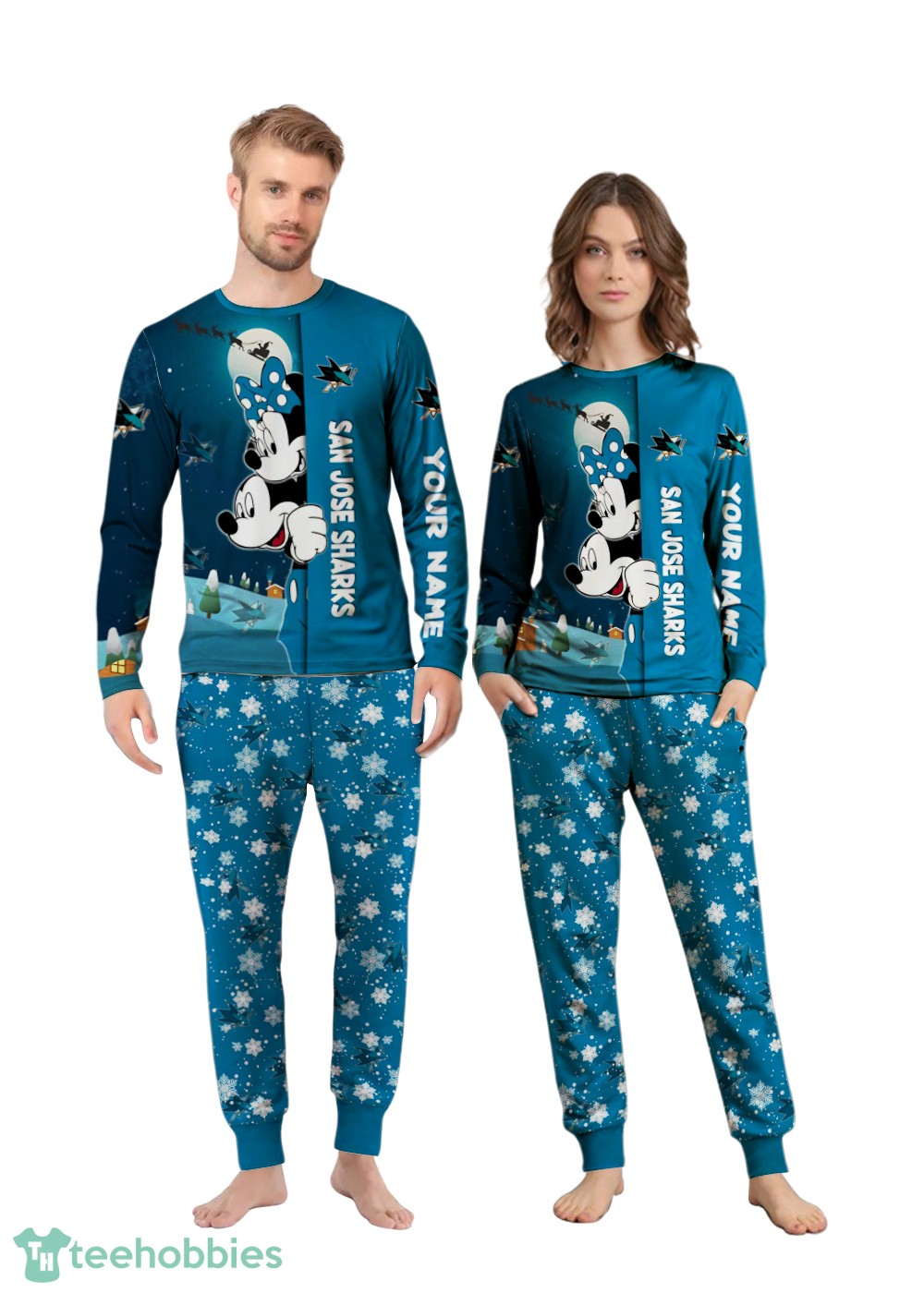 Custom Name San Jose Sharks Cartoon Mouse Couple Christmas Matching Pajamas Set image Custom Name San Jose Sharks Cartoon Mouse Couple Christmas Matching Pajamas Set Product Photo 2