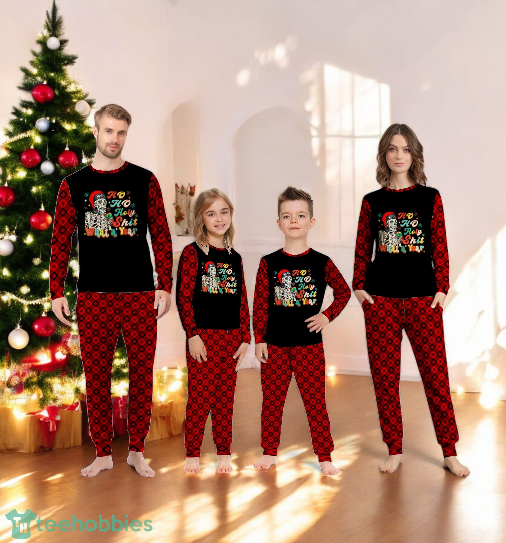 Funny Skeleton Santa Hat Ho Ho Holy Shit What A Year Family Matching Pajama Set Funny Skeleton Santa Hat Ho Ho Holy Shit What A Year Family Matching Pajama Set Product Photo 3