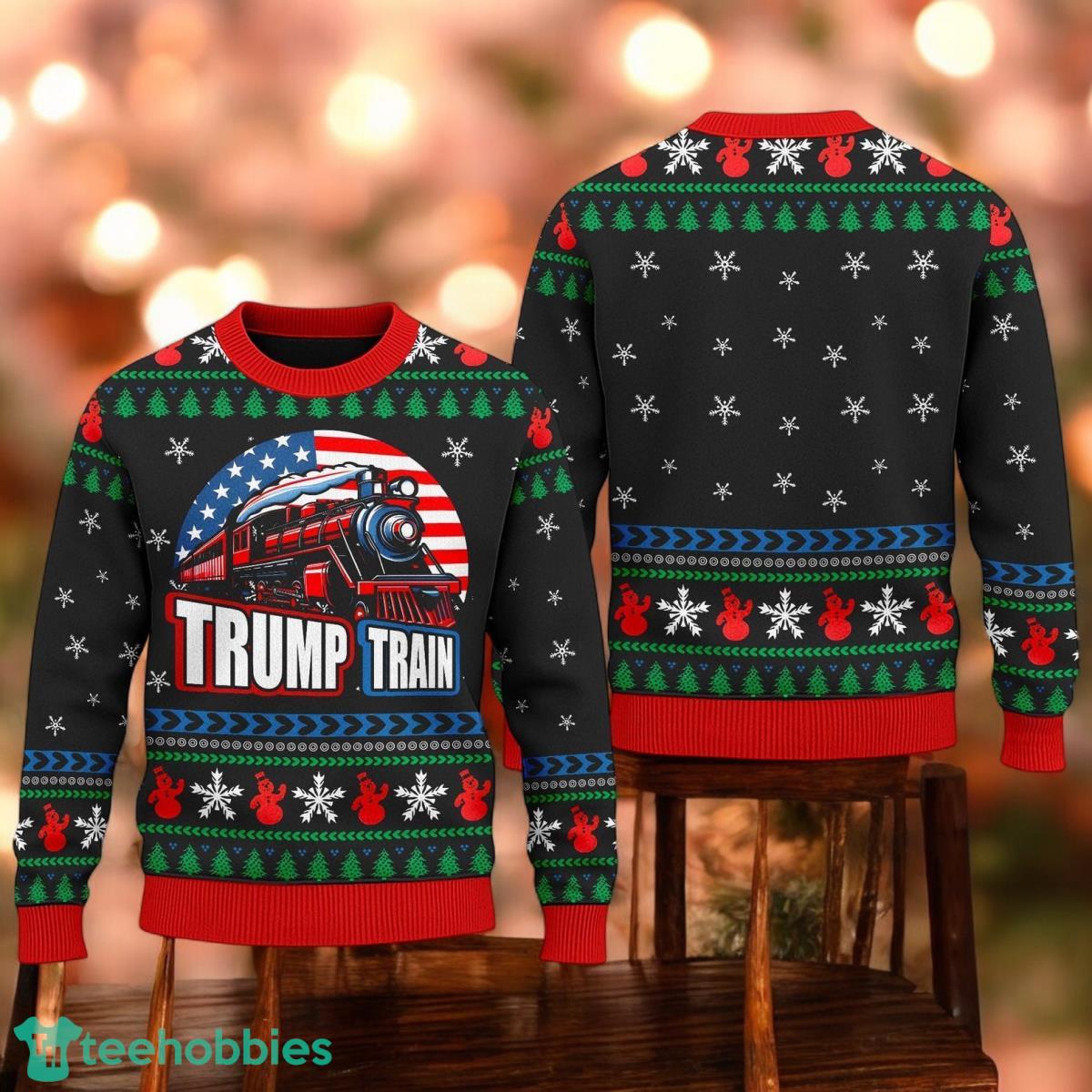 Funny Trump Train Ugly Christmas Sweater Donald Trump President Campaign Christmas Ugly Sweater image Funny Trump Train Ugly Christmas Sweater Donald Trump President Campaign Christmas Ugly Sweater Product Photo 1