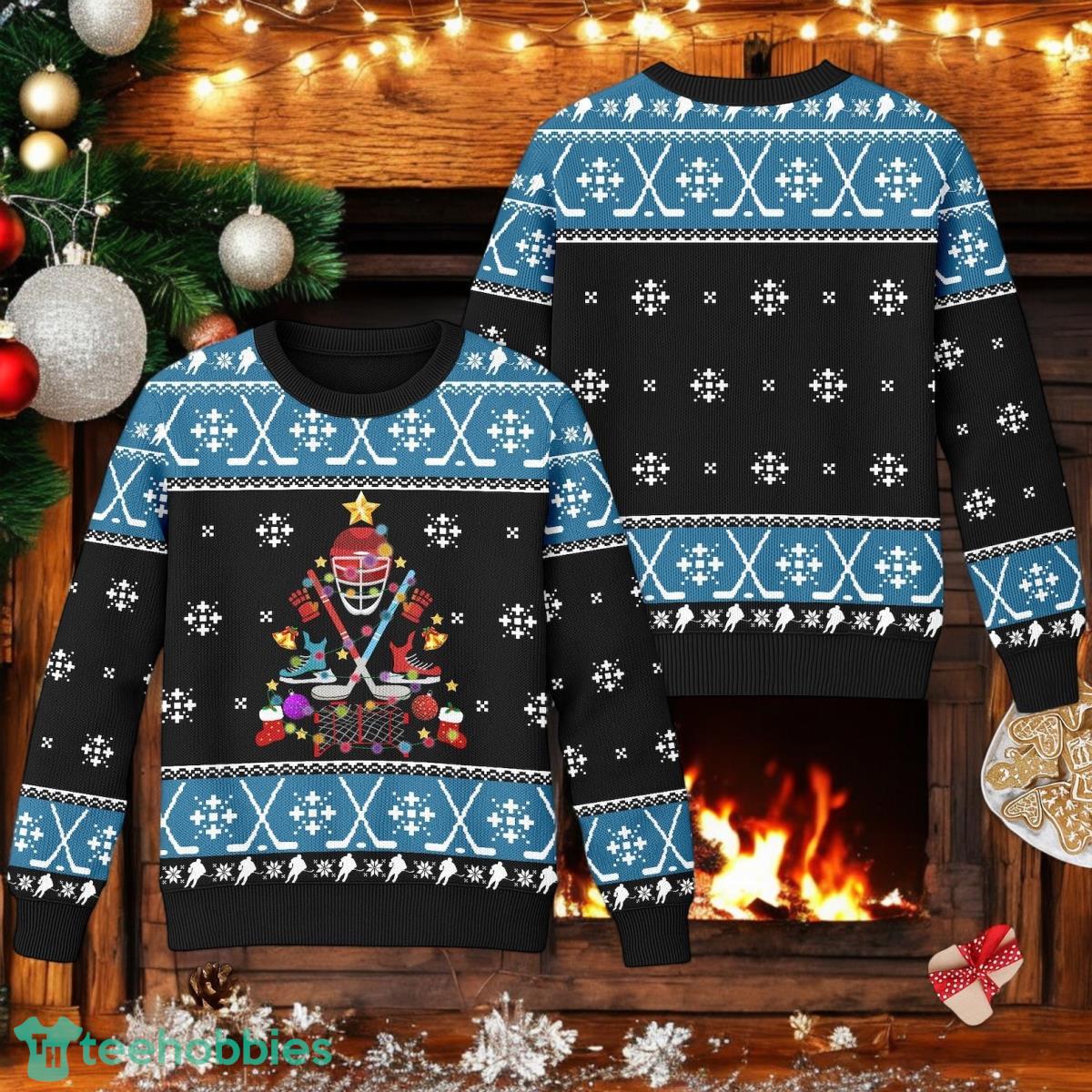 Happy Hockeyday Ugly Christmas Sweater Hockey Christmas 3D Sweater Christmas Gift Idea image Happy Hockeyday Ugly Christmas Sweater Hockey Christmas 3D Sweater Christmas Gift Idea Product Photo 1