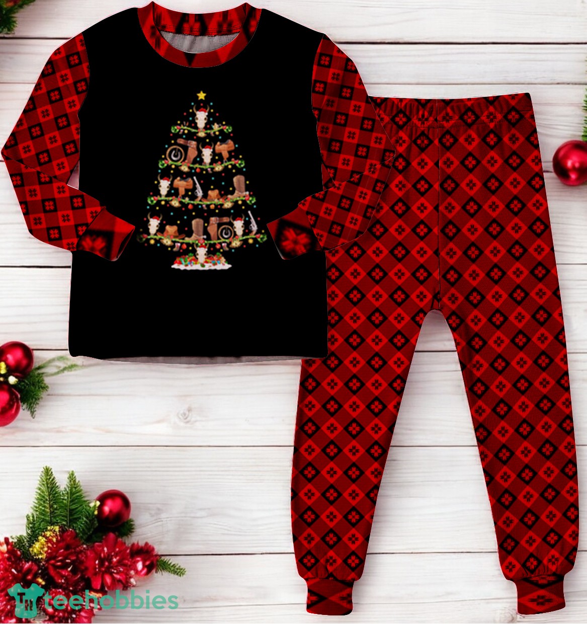 Lighting Santa Cowboy Christmas Tree Family Matching Pajama Set Lighting Santa Cowboy Christmas Tree Family Matching Pajama Set Product Photo 1