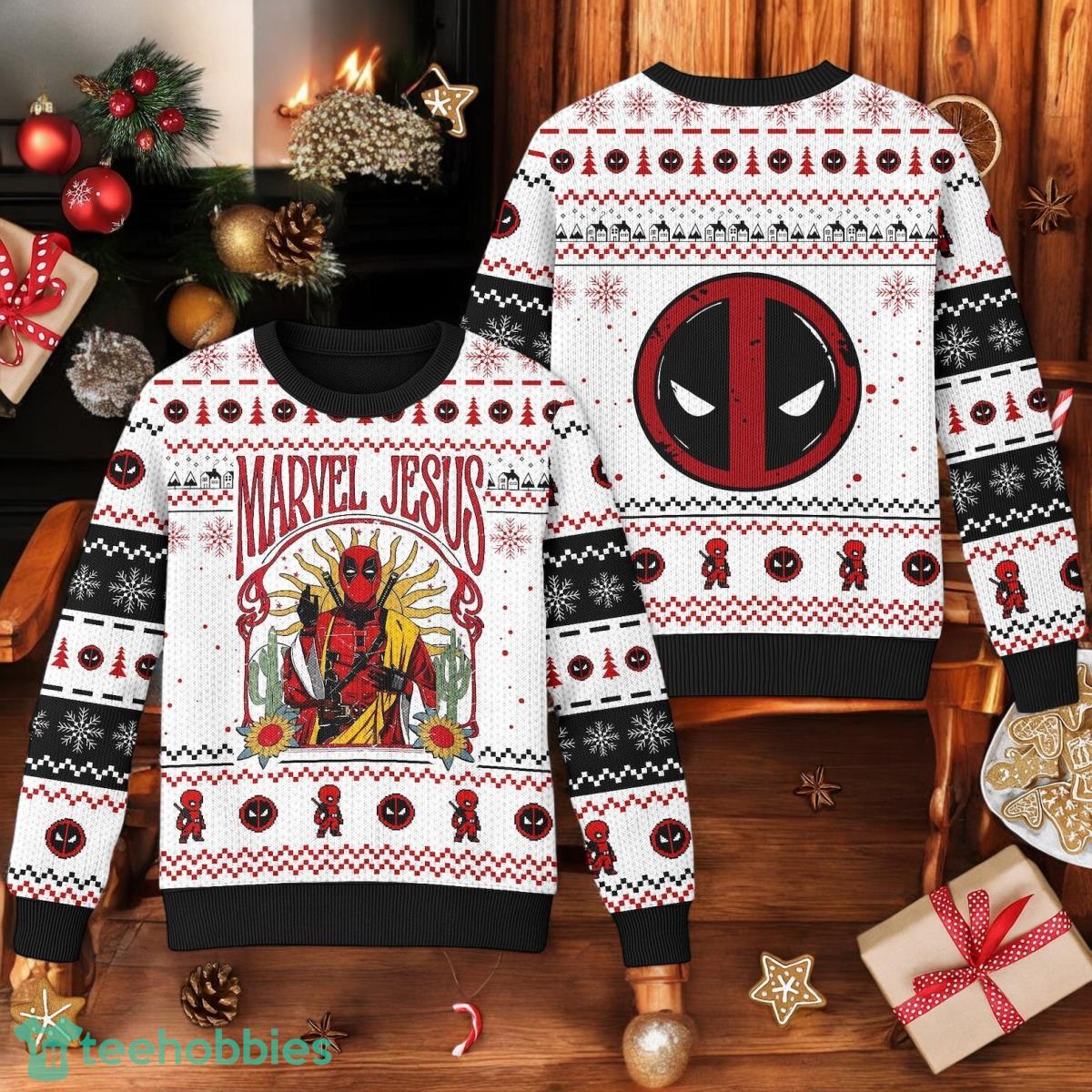 Marvel Jesus Deadpool Ugly Christmas Sweater Deadpool Xmas 3D Sweater Christmas Gift Idea image Marvel Jesus Deadpool Ugly Christmas Sweater Deadpool Xmas 3D Sweater Christmas Gift Idea Product Photo 1