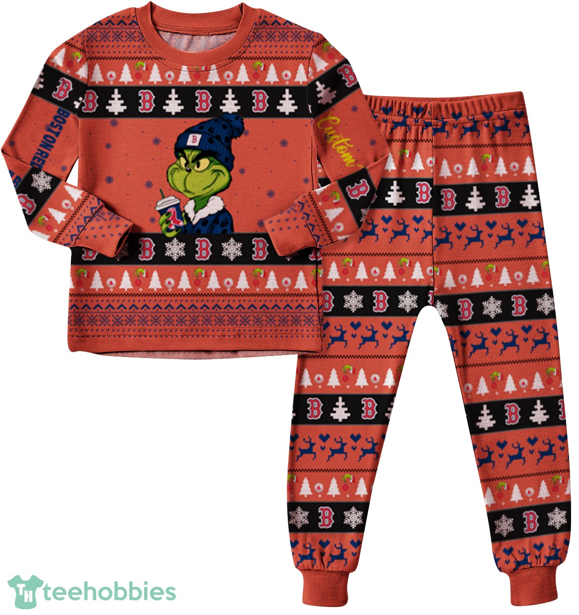 MLB Grinch Boston Red Sox MLB Custom Name Christmas Knitting Pattern Matching Family Pajamas Set image MLB Grinch Boston Red Sox MLB Custom Name Christmas Knitting Pattern Matching Family Pajamas Set Product Photo 2