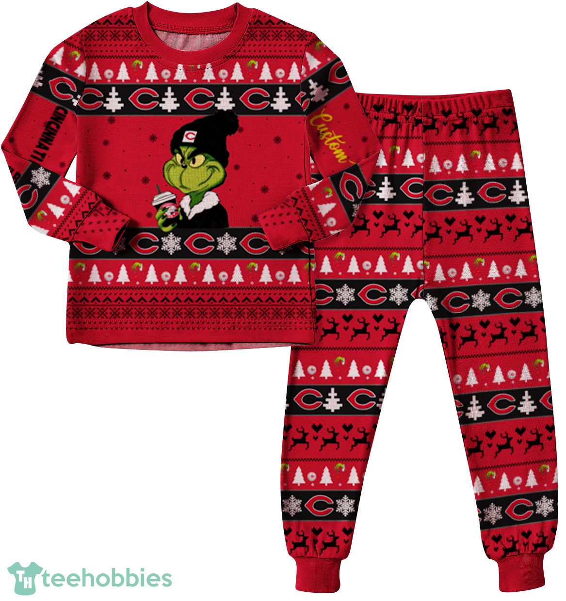 MLB Grinch Cincinnati Reds MLB Custom Name Christmas Knitting Pattern Matching Family Pajamas Set image MLB Grinch Cincinnati Reds MLB Custom Name Christmas Knitting Pattern Matching Family Pajamas Set Product Photo 2