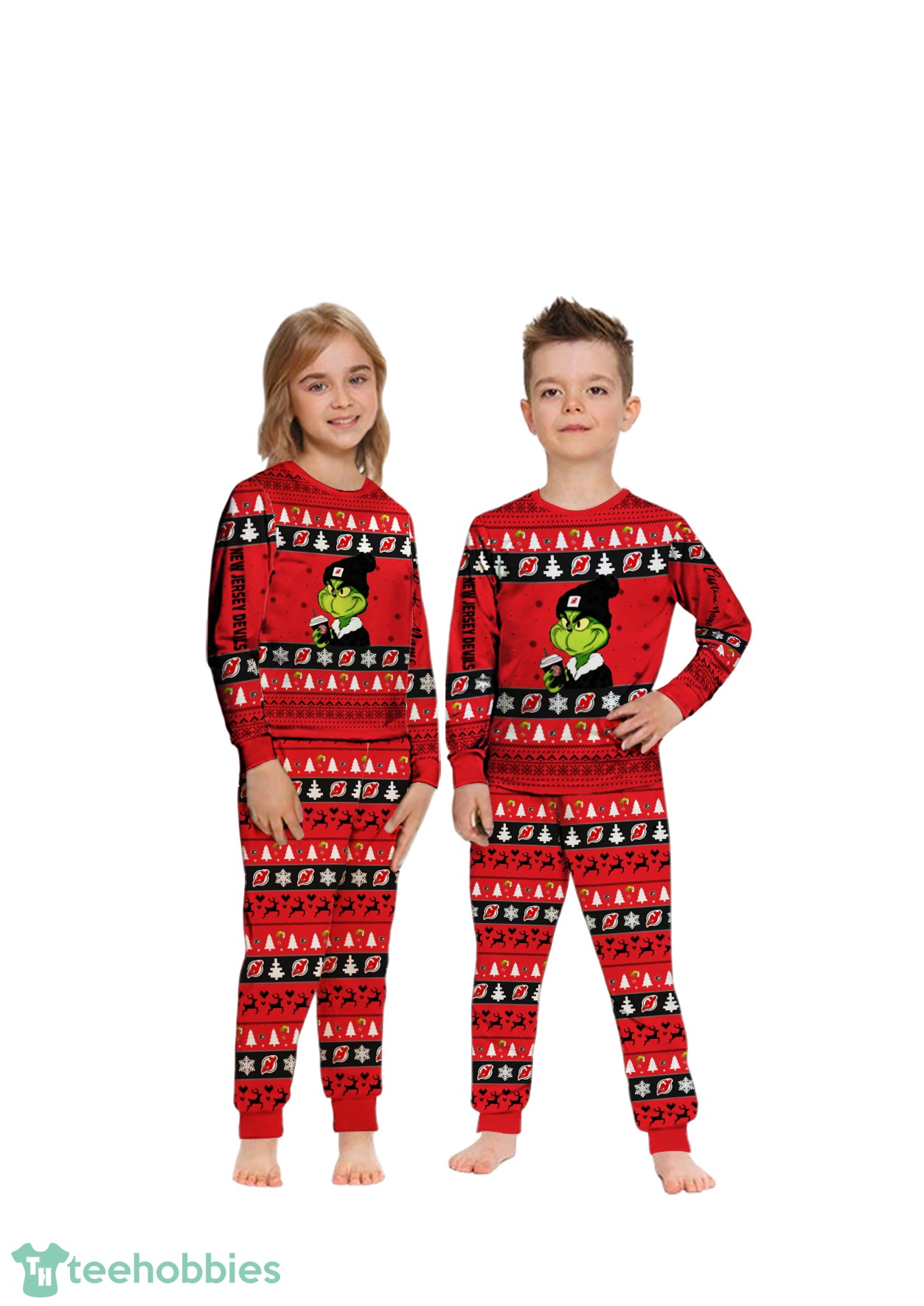 MLB Grinch New Jersey Devils Custom Name Christmas Knitting Pattern Matching Family Pajamas Set image MLB Grinch New Jersey Devils Custom Name Christmas Knitting Pattern Matching Family Pajamas Set Product Photo 2